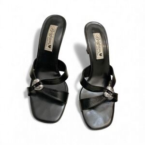 Brighton Roxann Black Leather Mules Heels Women's  8.5 M Square Toe Heart Buckle
